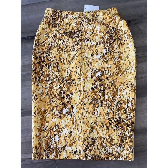 Carmen Marc Valvo Yellow Gold Brown Scuba Pencil Skirt Size M New $58 No wrinkle - Picture 4 of 5